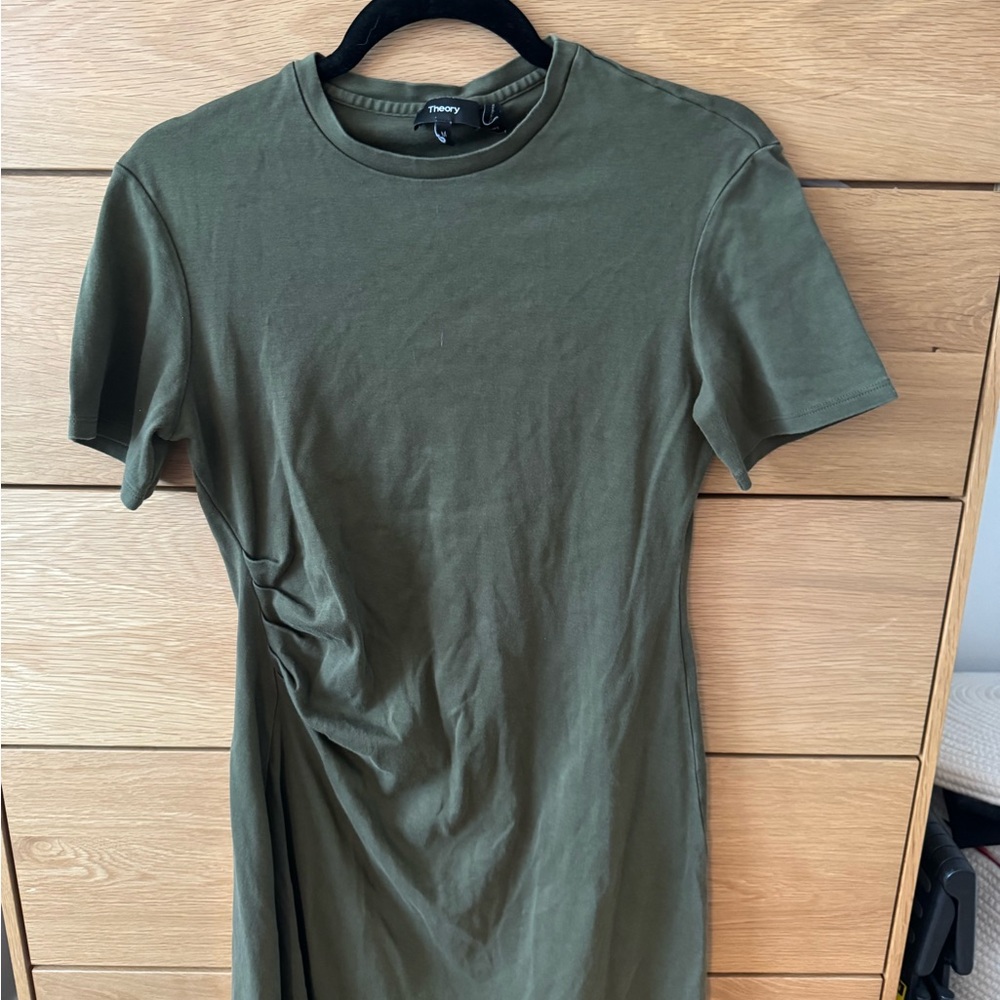 Theory Olive Short Sleeve Tee Dress with Side Ruching